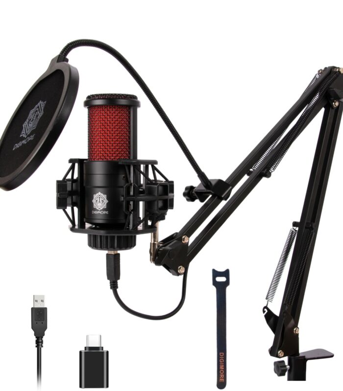 DIGIMORE USB Condenser Microphone Kit | 192kHz/24bit | BoomArm, Pop Filter, Mic Cover, Shock Mount, Tripod & 2.5M USB Cable | Podcasting, Gaming, Singing & Live Streaming (D-500)