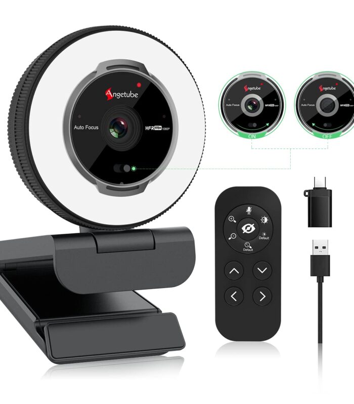 Angetube Streaming Webcam with Microphone: 1080P 60FPS USB Web Cam with Ring Light and Remote Control - HD Web Camera with 5X Digital Zoom Built in Privacy Cover,for PC|Computer|Laptop|Mac|Desktop