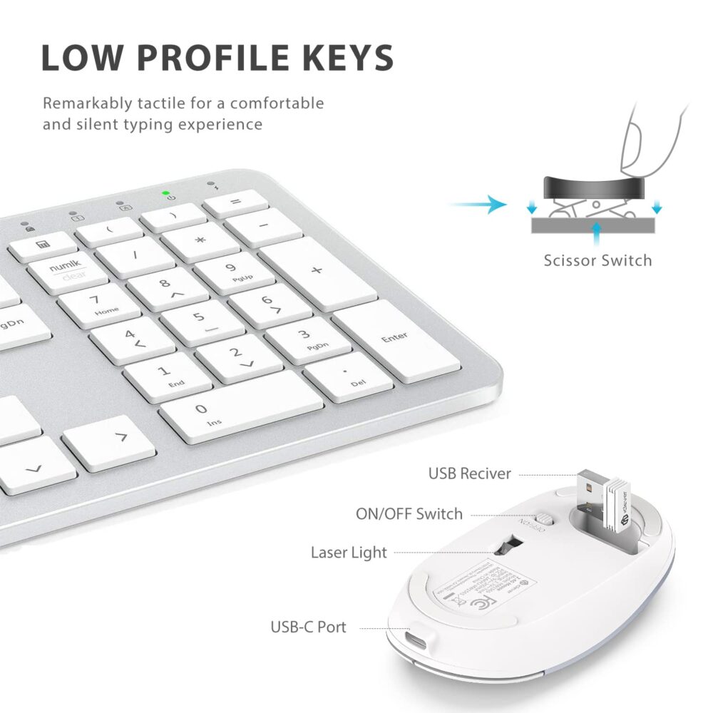 iClever Wireless Keyboard and Mouse GK08 - Rechargeable, Ergonomic, Quiet, Full Size Design with Number Pad, 2.4G Stable Connection Slim Mac Keyboard and Mouse for Windows, Mac OS Computer, Silver - Image 3