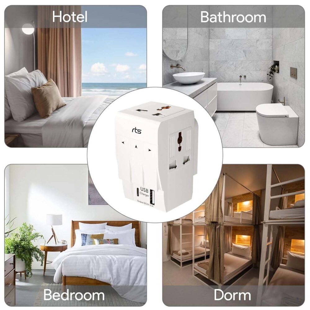 rts 3 Pin Multi Plug Socket-Worldwide Universal Travel Adapter with USB Ports & Type-C PD Individual Switch Safety Shutter LED Indicator-3 Way Plug Socket (5A-250V) Type D Plug for Home Office White - Image 4