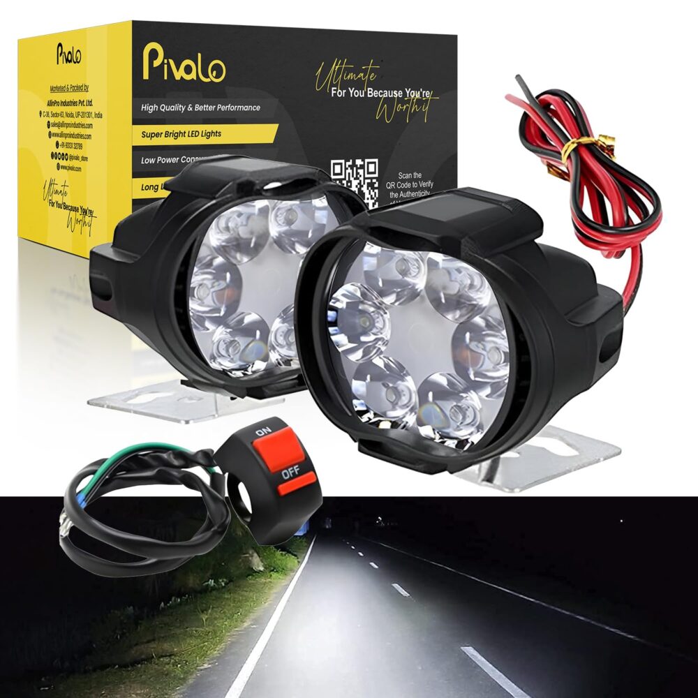 Pivalo 6 LED Fog Light15V DC 10W 1000Lm 7000k Power Waterproof Universal Head Lamp Off-Road Driving Anti Fog Headlight with Handlebar Switch for Bike Scooty Motorcycle (White, Pack of 2)