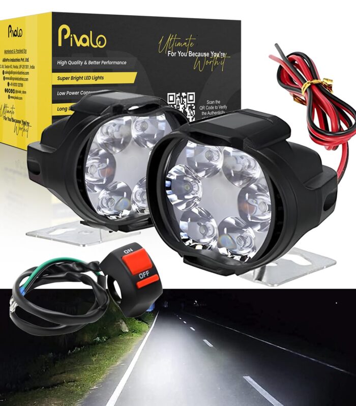 Pivalo 6 LED Fog Light15V DC 10W 1000Lm 7000k Power Waterproof Universal Head Lamp Off-Road Driving Anti Fog Headlight with Handlebar Switch for Bike Scooty Motorcycle (White, Pack of 2)