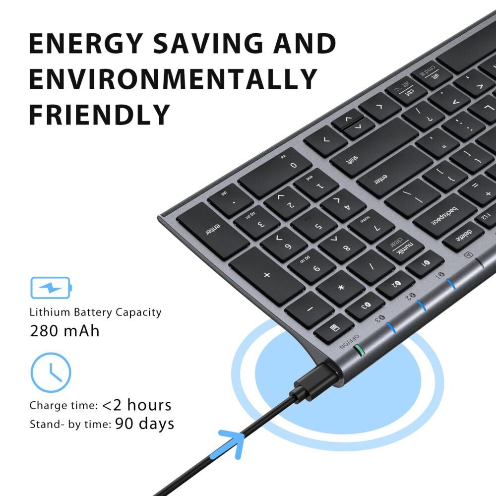 iClever BK10 Multi-Device Bluetooth Keyboard for Mac, Windows, Chrome OS, Android, iPad, iPhone, Rechargeable Wireless Keyboard Easy-Switch up to 3 Devices Grey Black - Image 6