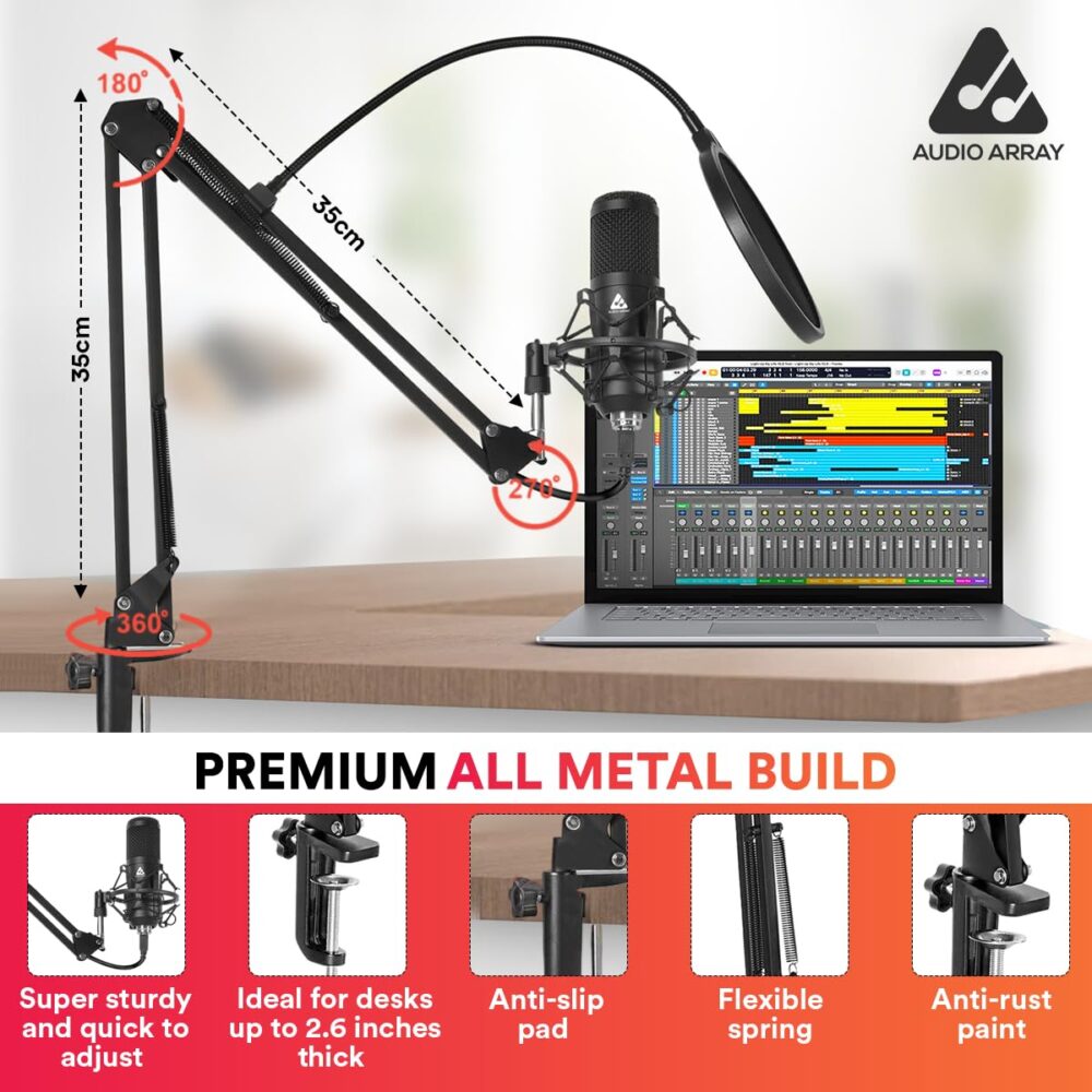 Audio Array AM-C1 USB Condenser Microphone Kit | 192kHz/24bit | BoomArm, Pop Filter, Mic Cover, Shock Mount, Tripod & 2.5M USB Cable | Podcasting, Gaming, Singing & Live Streaming - Image 4