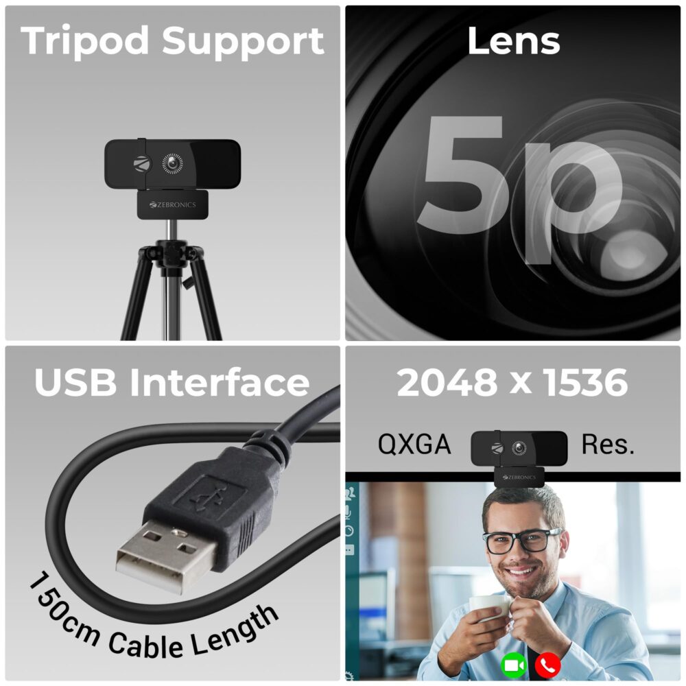 ZEBRONICS Sharp Pro High Resolution Digital Webcam, 30 Fps, 2048 X 1536 Qxga, Microphone, Auto Focus, Dedicated Privacy Shutter, Tripod Support, Compatible with Laptops, Mac for Zoom, Skype, Discord - Image 4