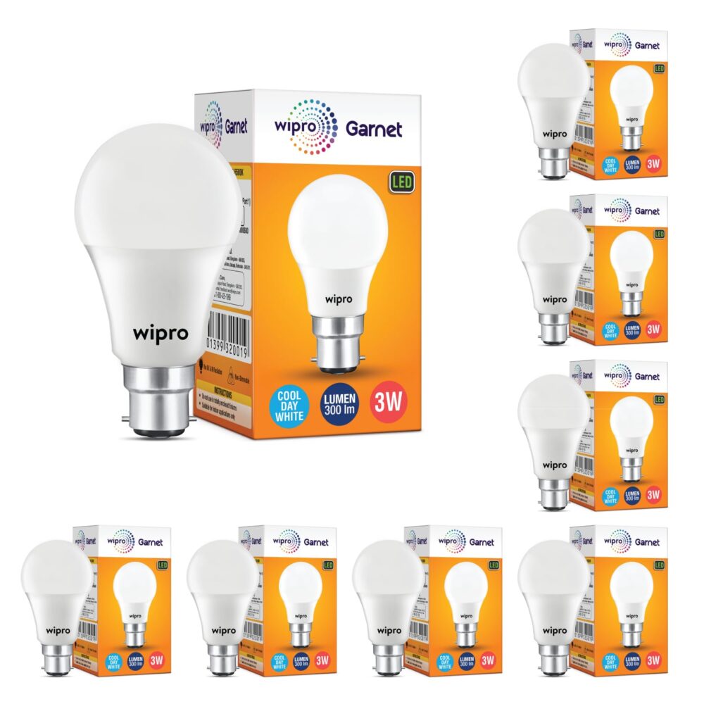 wipro Garnet 3W LED Bulb for Home & Office |Cool Day White (6500K) | B22 Base|220 degree Light coverage |4Kv Surge Protection |400V High Voltage Protection |Energy Efficient | Pack of 8