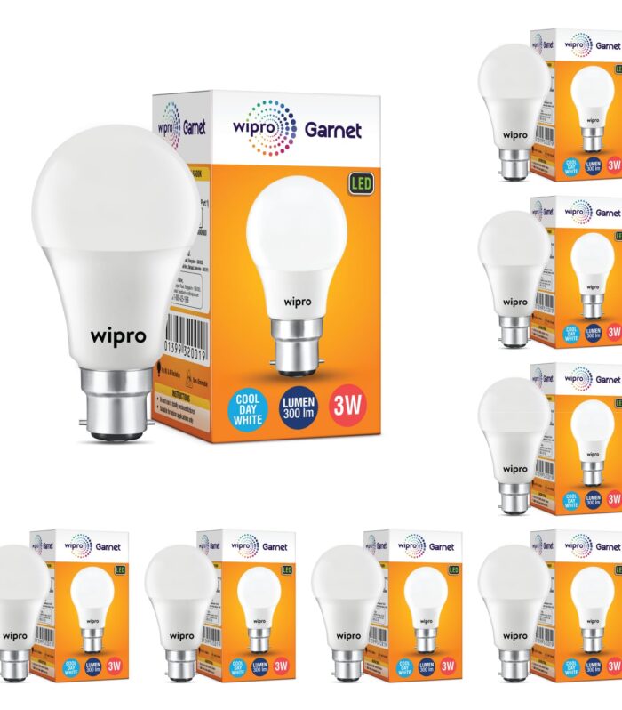 wipro Garnet 3W LED Bulb for Home & Office |Cool Day White (6500K) | B22 Base|220 degree Light coverage |4Kv Surge Protection |400V High Voltage Protection |Energy Efficient | Pack of 8