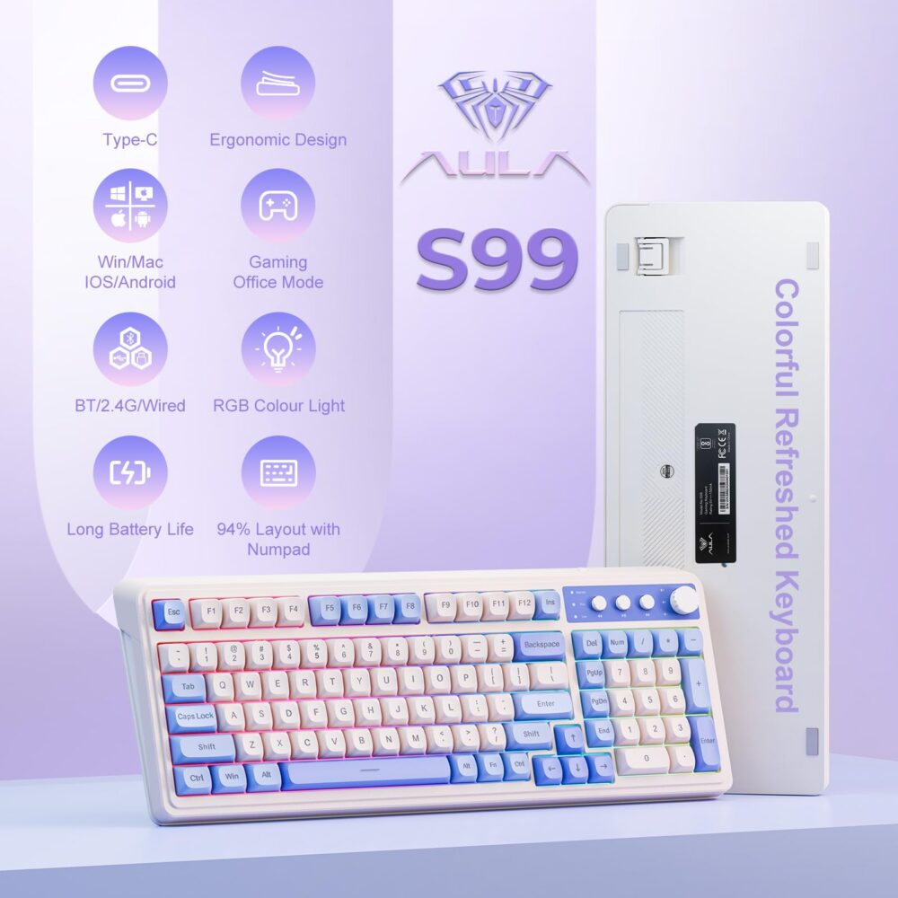 AULA S99 3 in 1 World's First Silicon Membrane Gaming Keyboard | Bluetooth/2.4GHz/USB-C Balls Keycap Keybaord with Knob | Programmable RGB Backlit Gaming Keyboard for PC/Xbox/PS5 (Purple) - Image 6