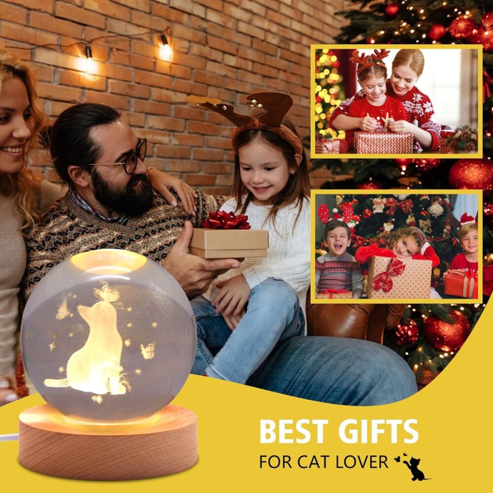 VEDETIC Cat Crystal Ball Night Light, 2.4 Inch Glass Ball Night Lamp with Woodern Base, Decorations Gifts for Men, Women, Kids, Boys, Girls,Teens (H- Cat Crystal Ball Lamp) - Led - Image 6