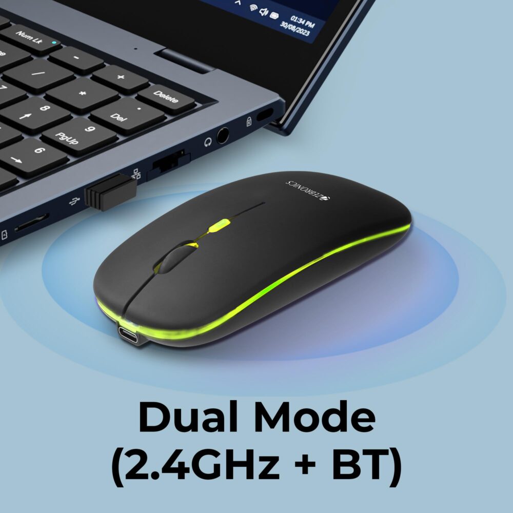 ZEBRONICS Blanc Slim Wireless Mouse with Rechargeable Battery, BT + 2.4GHz, 4 Buttons, 800/1200/1600 DPI, Silent Operation, Multicolor LED Lights - Image 8