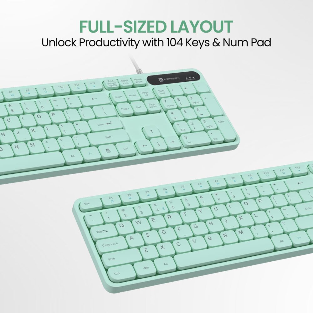 Portronics Ki-Pad 3 USB Wired Keyboard with Large Keycaps, Noise-Free Typing, Fn Multimedia Hotkeys, Full-Size Layout with Num Pad, Ergonomic Design, 1.5m USB Cable, for Laptop, PC, Mac (Green) - Image 5
