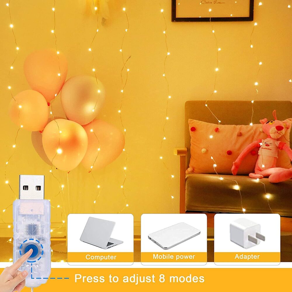 Miradh 300 LED Curtain Lights 9.8Ftx9.8Ft, 8 Lighting Modes Multicolor Window Curtain String Lights with Remote USB Powered, Warm White(Plastic) - Image 2