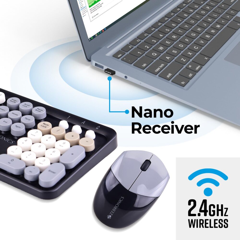 ZEBRONICS Newly launched Companion 301 2.4GHz Wireless Keyboard & Mouse Combo with UV Printed, Retro Style Keys, 104 + 12 Integrated Multimedia Keys, 1600 DPI, High Precision (Black + Grey) - Image 5