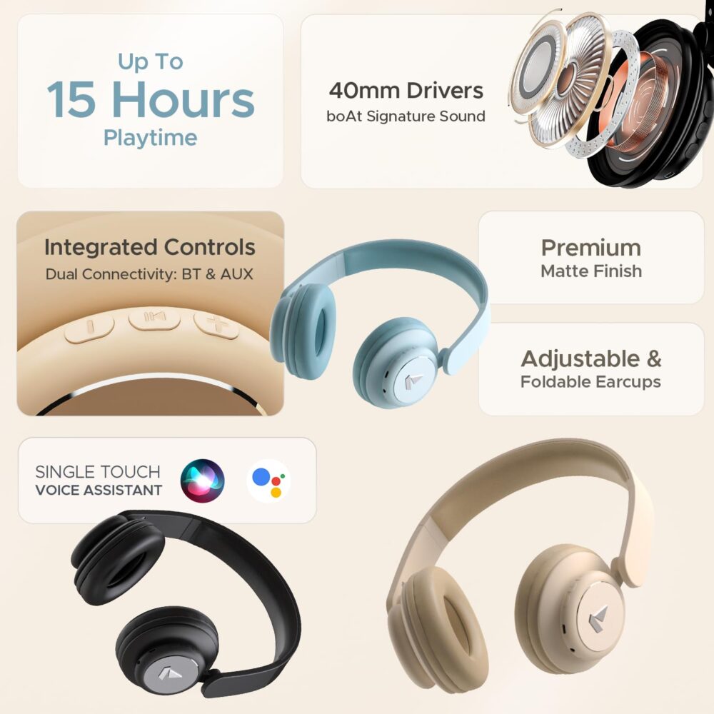 boAt Rockerz 450, 15 HRS Battery, 40mm Drivers, Padded Ear Cushions, Integrated Controls, Dual Modes, On Ear Bluetooth Headphones, Wireless Headphone with Mic (Luscious Black) - Image 7