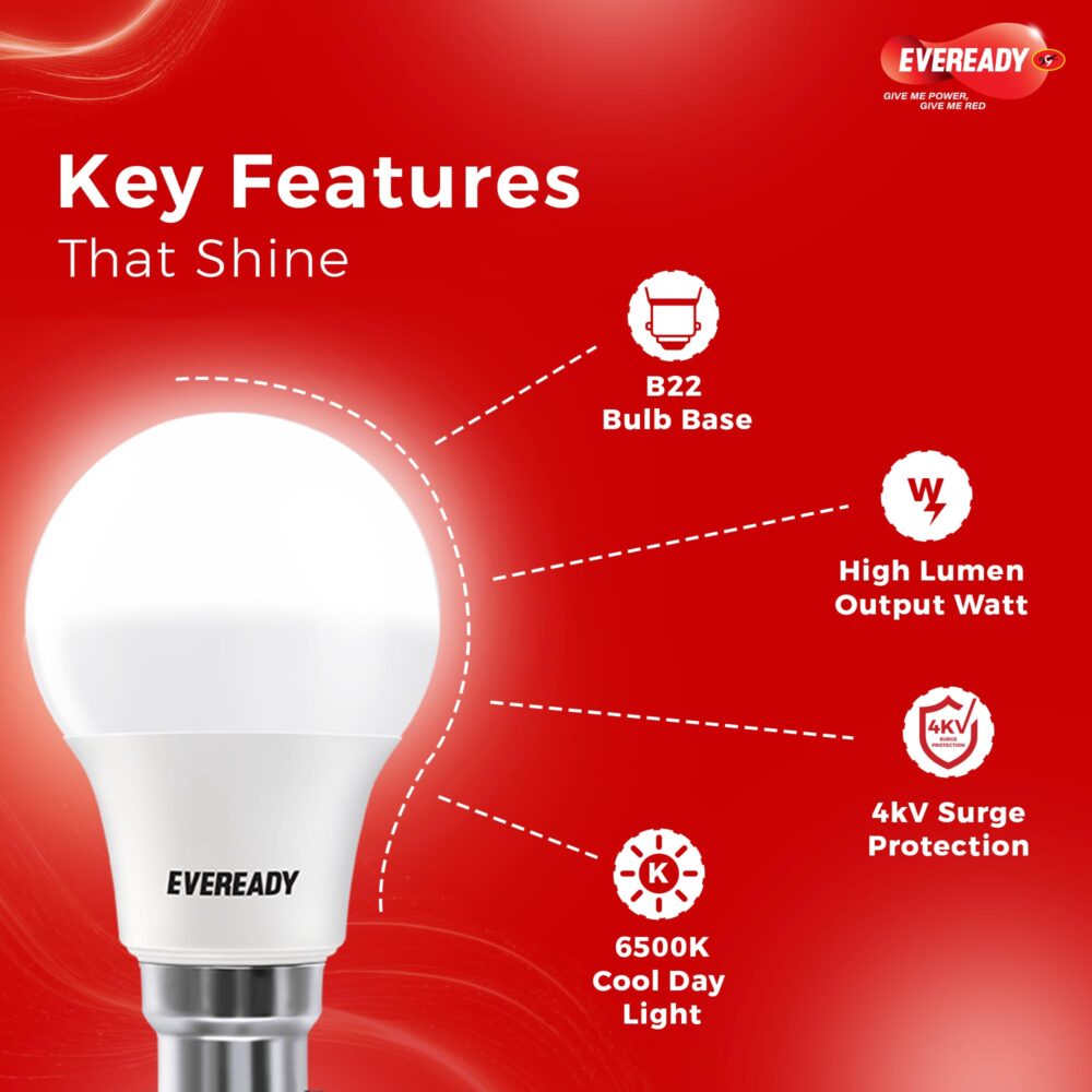 Eveready 9W LED Bulb, Cool Day Light (6500K), B22 Base, Energy-Efficient, 4kV Surge Protection, Long-Lasting Durability - Pack of 10 - Image 6