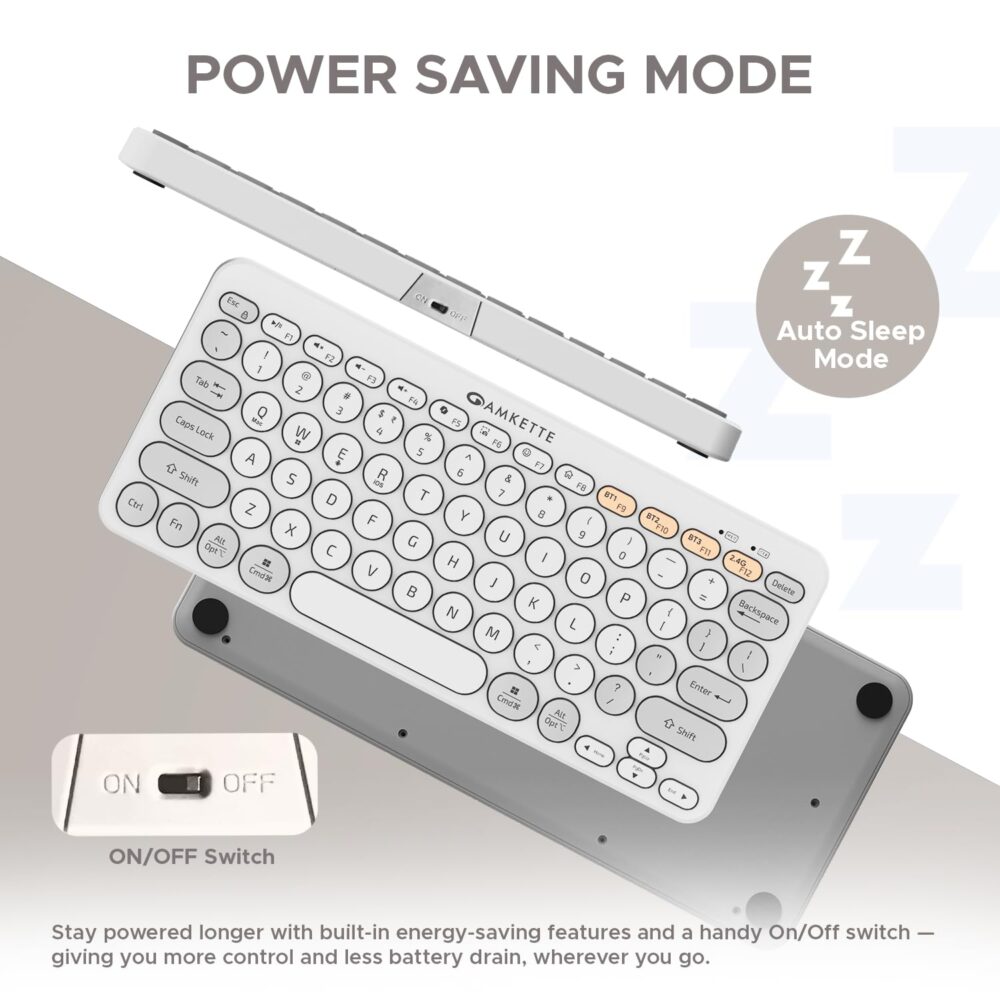 Amkette New and Improved Optimus BT 4 in 1 Multi Device Wireless Keyboard/Bluetooth Keyboard | One Click Device Switching and AI Access for Windows, MacOs, Android and iOS, Dual OS Layout (White) - Image 3