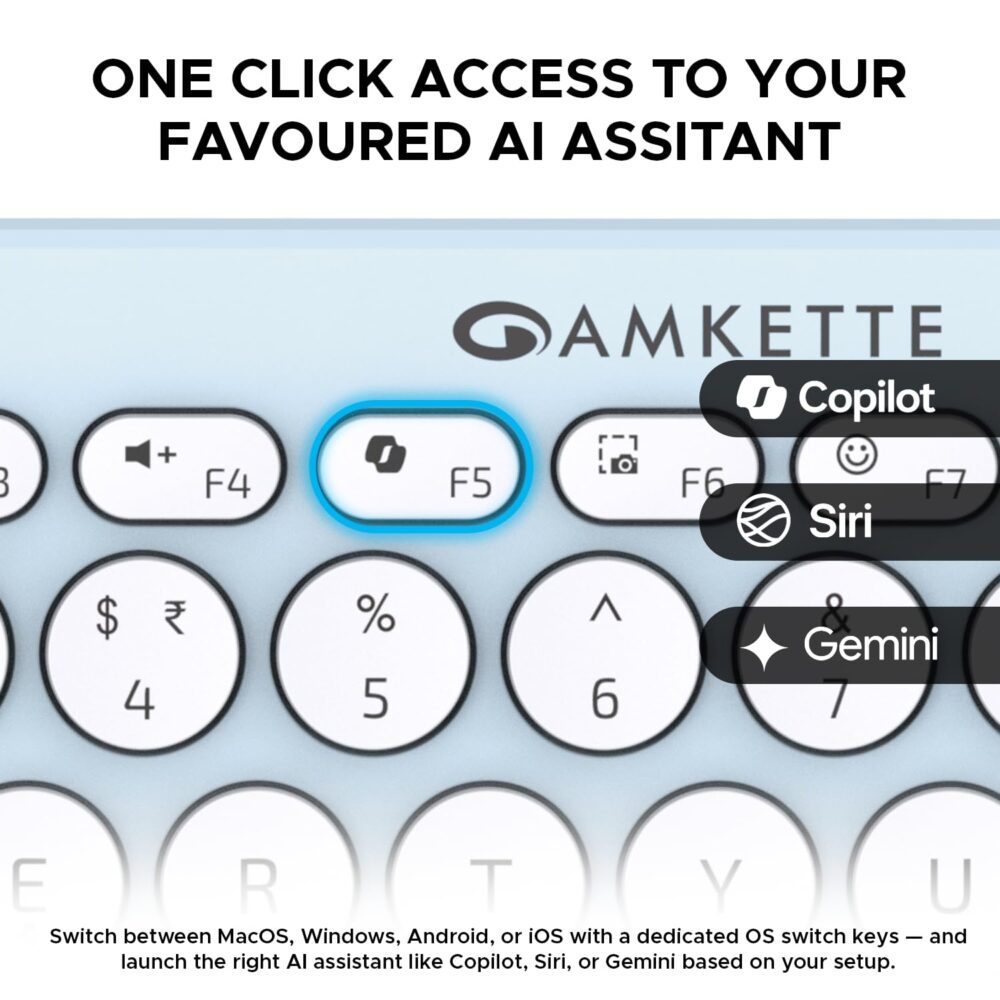 Amkette New and Improved Optimus BT 4 in 1 Multi Device Wireless Keyboard/Bluetooth Keyboard | One Click Device Switching and AI Access for Windows, MacOs, Android and iOS, Dual OS Layout (Blue) - Image 7