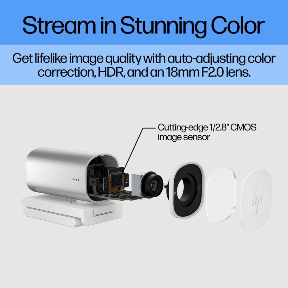 HP 960 4K Streaming Webcam, 4K 30fps or 1080p 60fps, STARMIS CMOS Sensor, 8MP, 100 deg Diagonal Field of View, autofocus, Dual mic, Universal mounting Clip, Tripod Mount, 360 deg Swivel, 90 deg tilt - Image 8