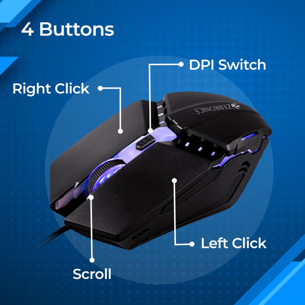 ZEBRONICS PHERO Wired Gaming Mouse with up to 1600 DPI, Rainbow LED Lights, DPI Switch, High Precision, Plug & Play, 4 Buttons - Image 4