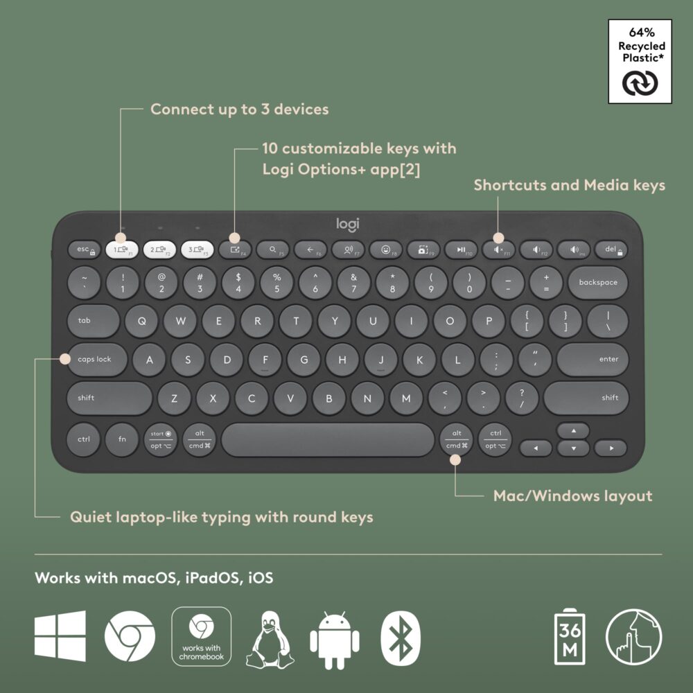 Logitech Pebble Keys 2 K380s, Multi-Device Bluetooth Wireless Keyboard with Customisable Shortcuts, Slim and Portable, Easy-Switch for Windows, macOS, iPadOS, Android, Chrome OS - Tonal Graphite - Image 7
