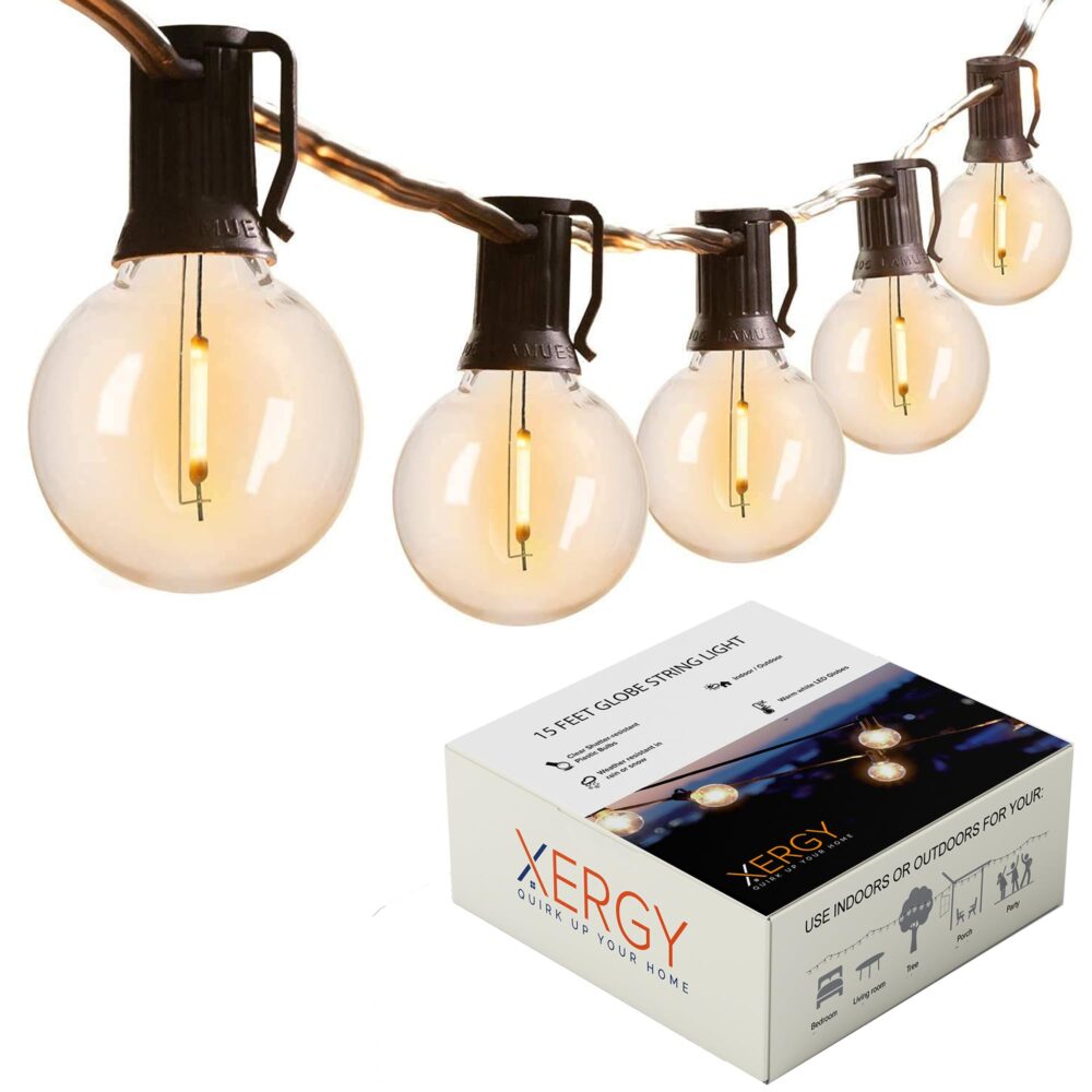 XERGY Acrylic Outdoor String Lights Led 15 Feet G40 Globe Lights With 15 Edison Break Proof Bulbs(1 Spare),Light For Backyard Terrace Garden Balcony Party Decor For Home Decoration,Warm White