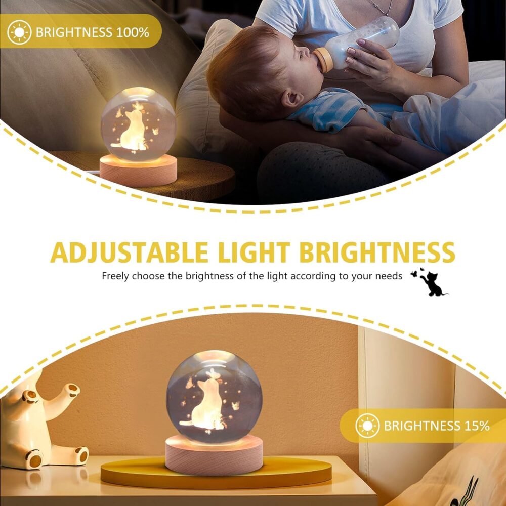 VEDETIC Cat Crystal Ball Night Light, 2.4 Inch Glass Ball Night Lamp with Woodern Base, Decorations Gifts for Men, Women, Kids, Boys, Girls,Teens (H- Cat Crystal Ball Lamp) - Led - Image 4
