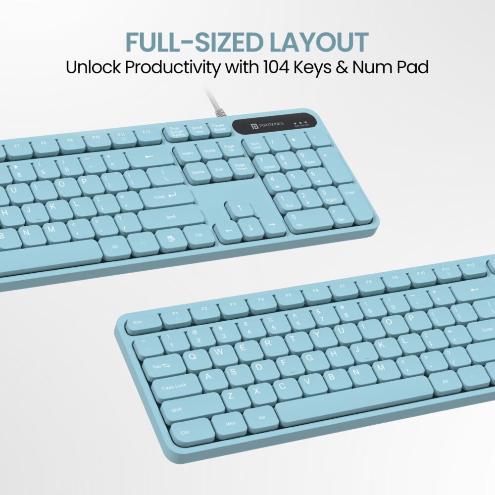 Portronics Ki-Pad 3 USB Wired Keyboard with Large Keycaps, Noise-Free Typing, Fn Multimedia Hotkeys, Full-Size Layout with Num Pad, Ergonomic Design, 1.5m USB Cable, for Laptop, PC, Mac (Blue) - Image 5