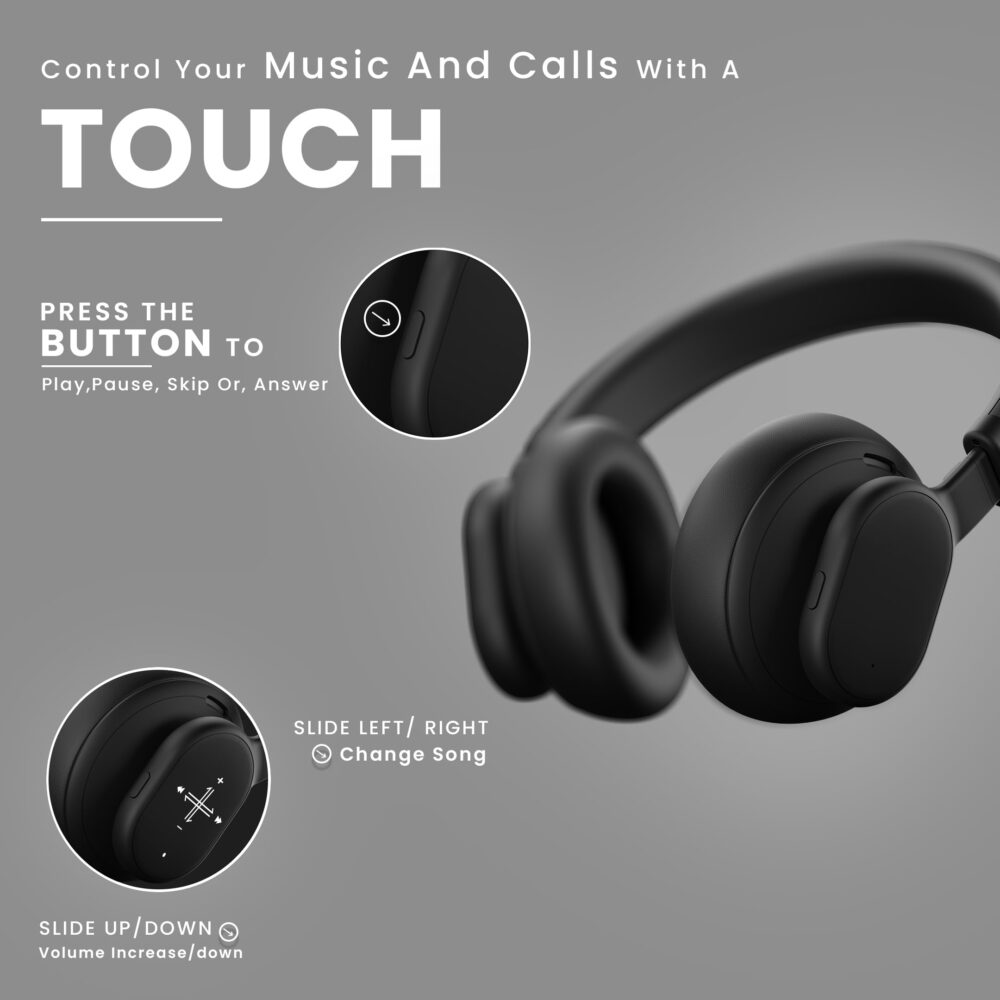 HAMMER Bash Max Over The Ear Wireless Bluetooth Headphones with Mic, Touch Control, Deep Bass, Upto 40 Hours Playtime, Bluetooth 5.3, Workout/Travel (Black) - Image 6