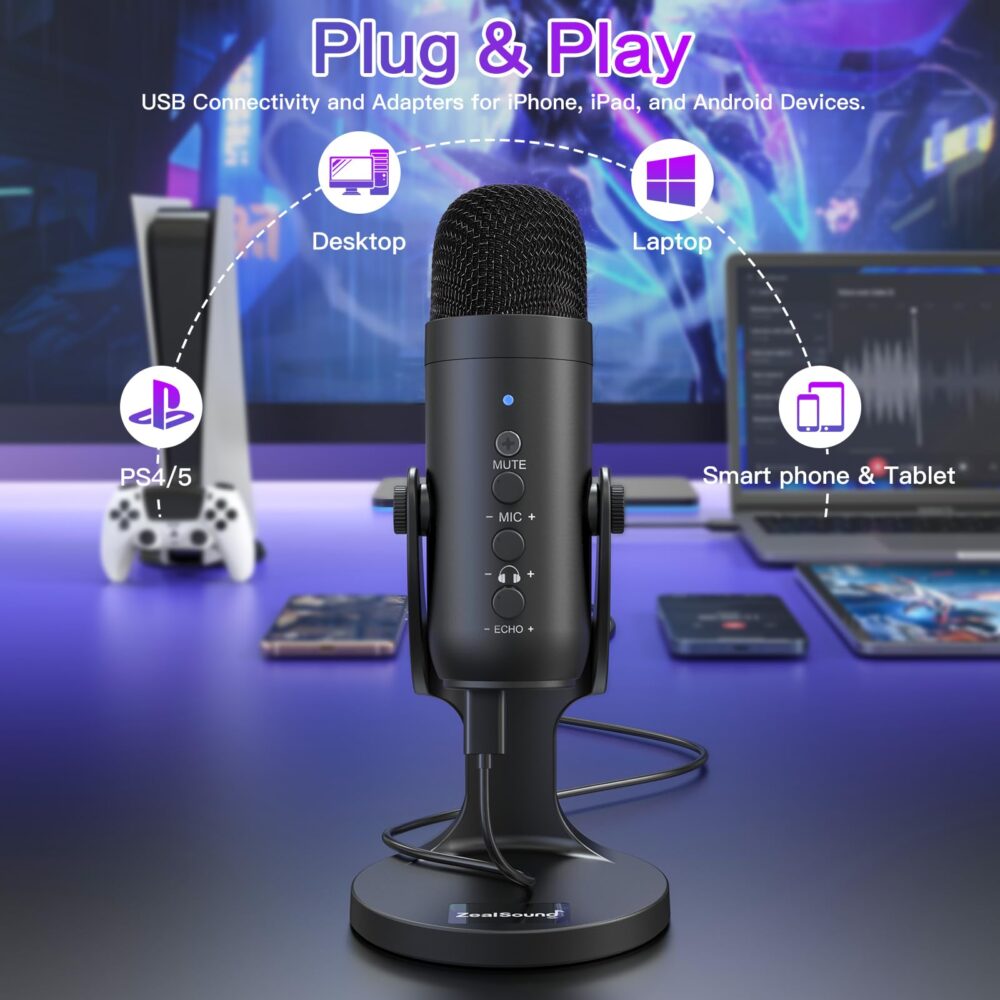 zealsound USB Microphone, Condenser Computer Mic, Plug & Play Gaming Microphone for Phone/PS4/PS5, Headphone Output, Volume Control, Mic Gain Control, Mute Button, YouTube Podcasting on Windows(Black) - Image 4