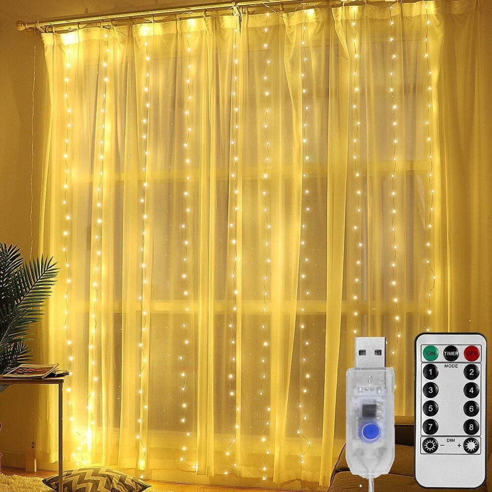 Miradh 300 LED Curtain Lights 9.8Ftx9.8Ft, 8 Lighting Modes Multicolor Window Curtain String Lights with Remote USB Powered, Warm White(Plastic)