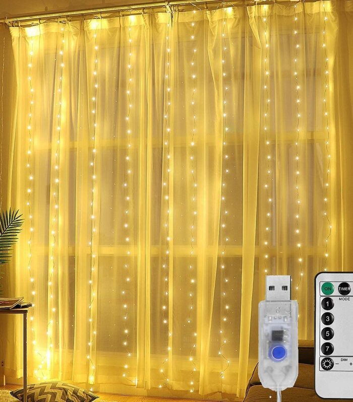 Miradh 300 LED Curtain Lights 9.8Ftx9.8Ft, 8 Lighting Modes Multicolor Window Curtain String Lights with Remote USB Powered, Warm White(Plastic)