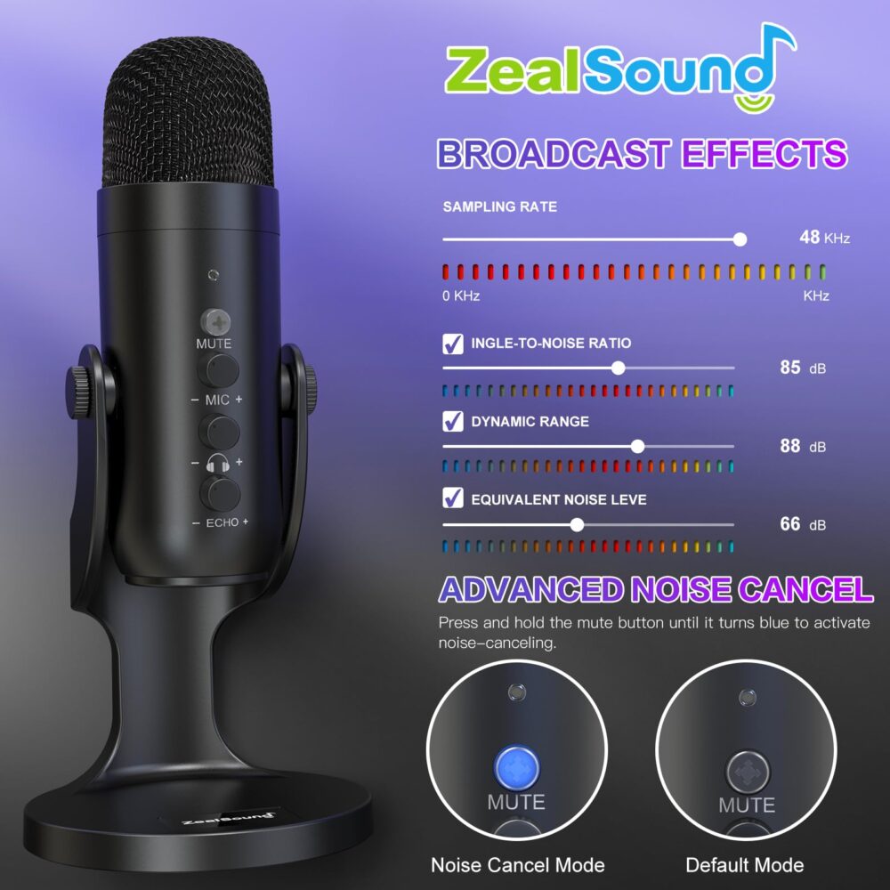 zealsound USB Microphone, Condenser Computer Mic, Plug & Play Gaming Microphone for Phone/PS4/PS5, Headphone Output, Volume Control, Mic Gain Control, Mute Button, YouTube Podcasting on Windows(Black) - Image 7