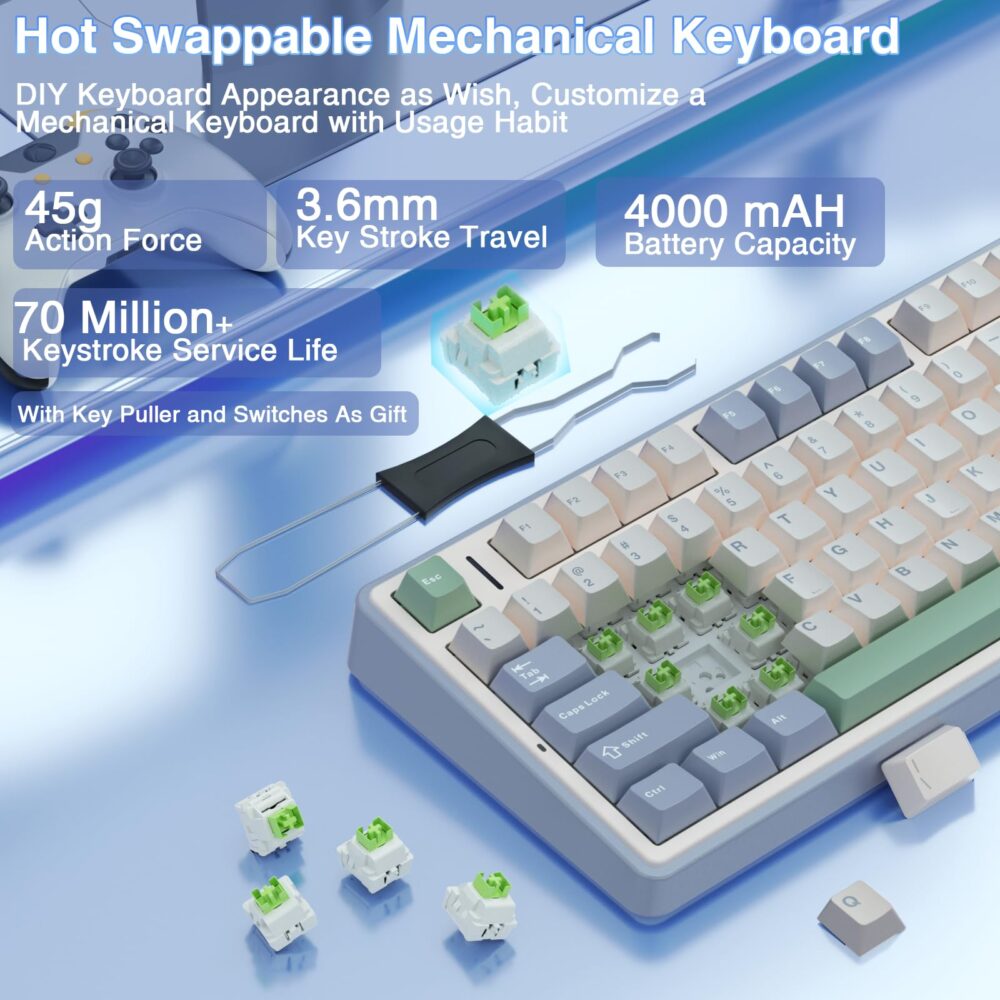 AULA F75 75% Wireless Mechanical Keyboard | Hot Swappable | Pre-lubed Linear Switches | RGB Backlit | 2.4GHz/Type-C/Bluetooth Gaming Keyboard (Cedar Green, Reaper Switch) - Image 5