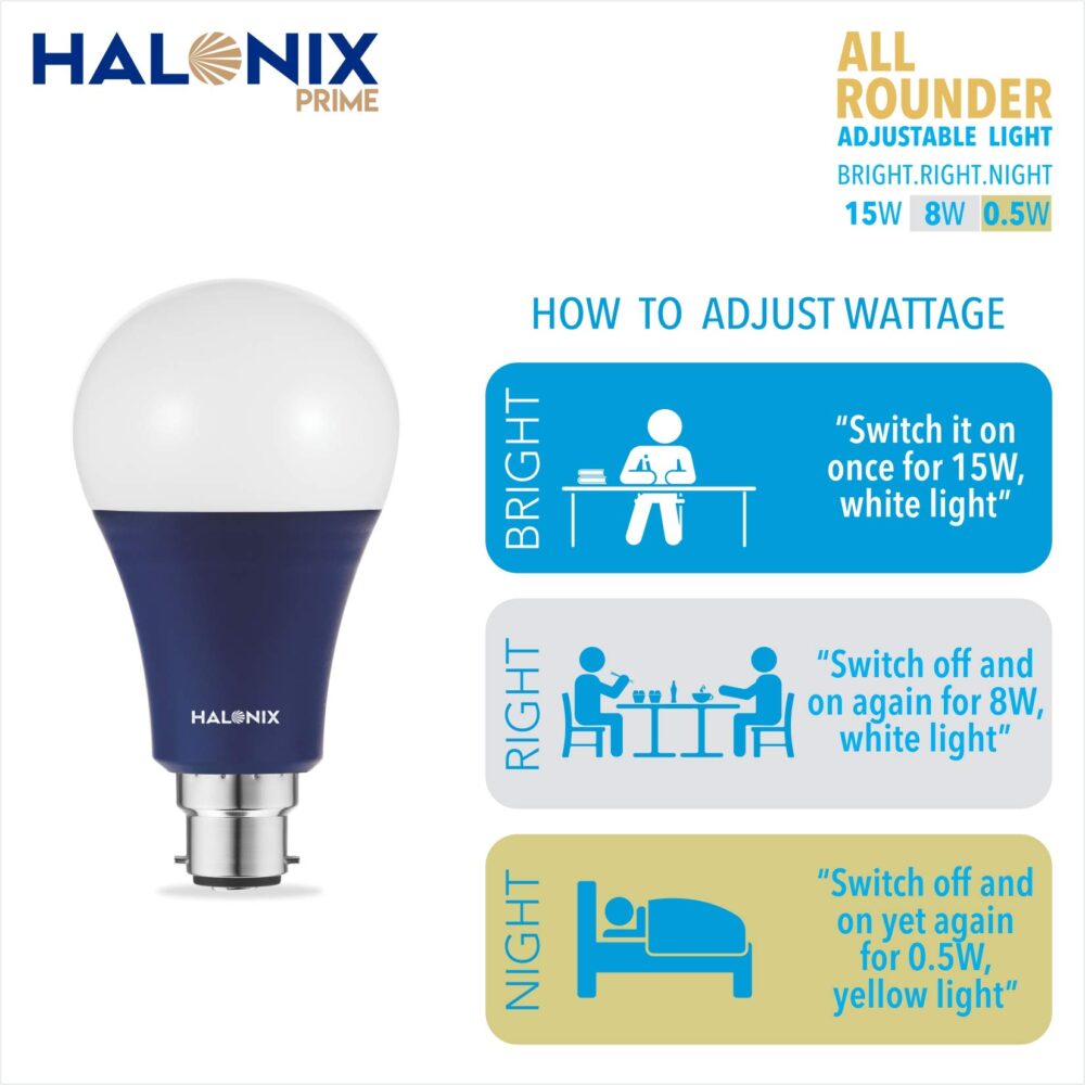Halonix All Rounder Base B22D 15W,8W,0.5W Multi Wattage Adjustable Light Led Bulb (Pack Of 1, White & Yellow) - Image 4