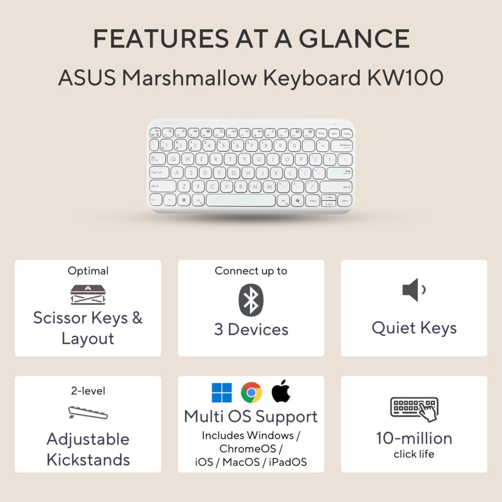 ASUS Marshmallow KW100 Wireless Keyboard – Iridescent White | Silent Scissor Keys, Compact Design, 2-Year Battery Life, Compatible with Windows/Mac/Chrome/iOS/with Dedicated Copilot Key - Image 12