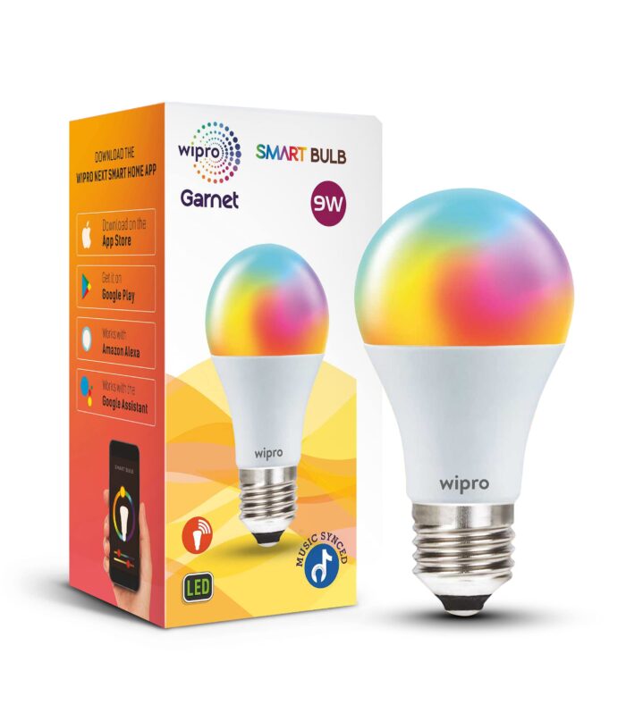 wipro 9-Watt E27 WiFi Smart LED Bulb with Music Sync (16 Million Colours + Warm White/Neutral White/White) (Compatible with Amazon Alexa and Google Assistant), Standard (NS9500)
