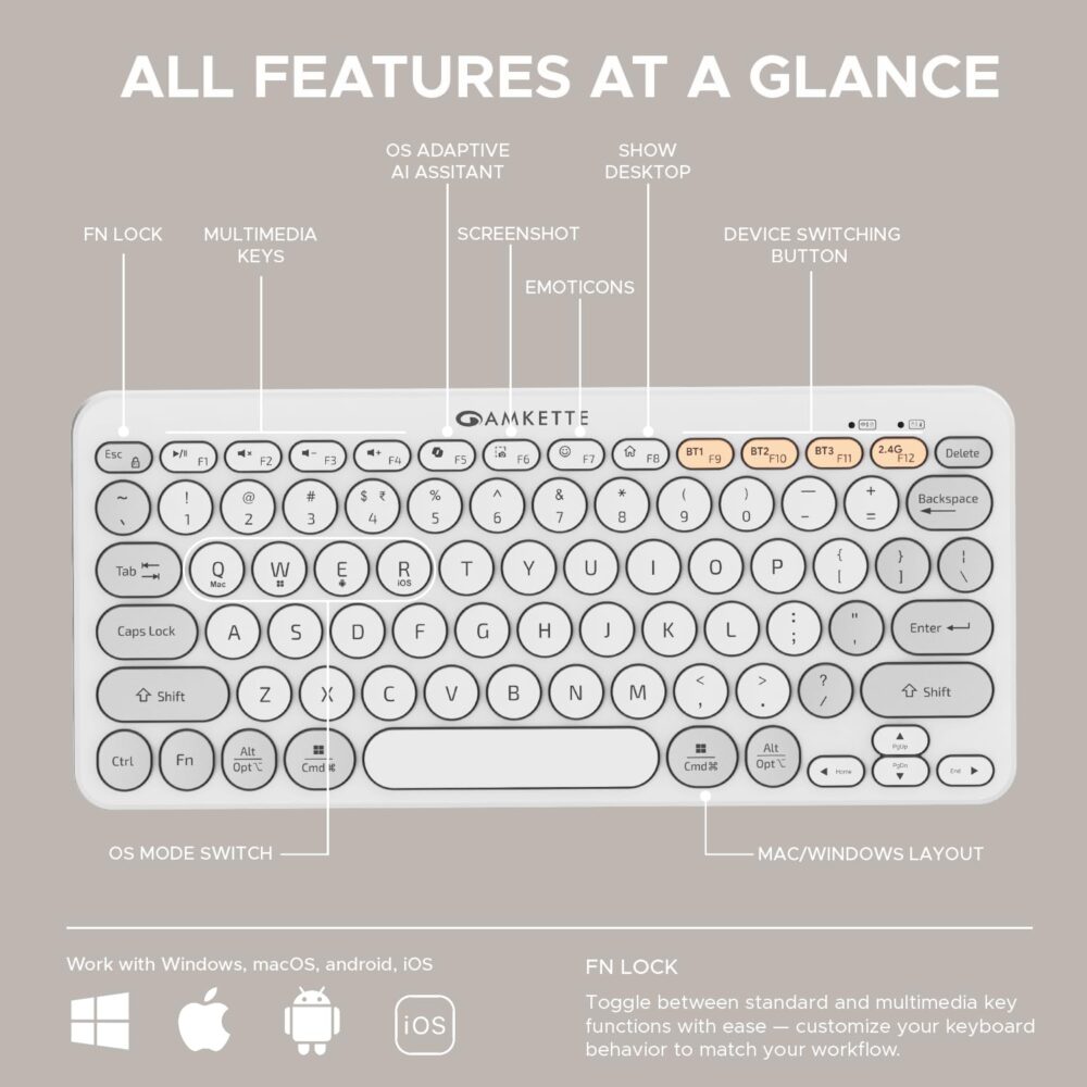 Amkette New and Improved Optimus BT 4 in 1 Multi Device Wireless Keyboard/Bluetooth Keyboard | One Click Device Switching and AI Access for Windows, MacOs, Android and iOS, Dual OS Layout (White) - Image 8