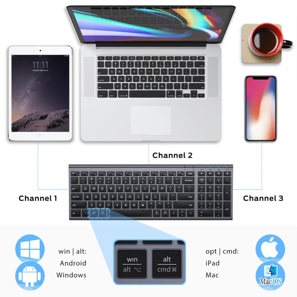 iClever BK10 Multi-Device Bluetooth Keyboard for Mac, Windows, Chrome OS, Android, iPad, iPhone, Rechargeable Wireless Keyboard Easy-Switch up to 3 Devices Grey Black - Image 7