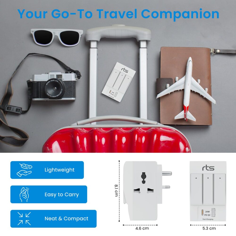 rts 3 Pin Multi Plug Socket-Worldwide Universal Travel Adapter with USB Ports & Type-C PD Individual Switch Safety Shutter LED Indicator-3 Way Plug Socket (5A-250V) Type D Plug for Home Office White - Image 7