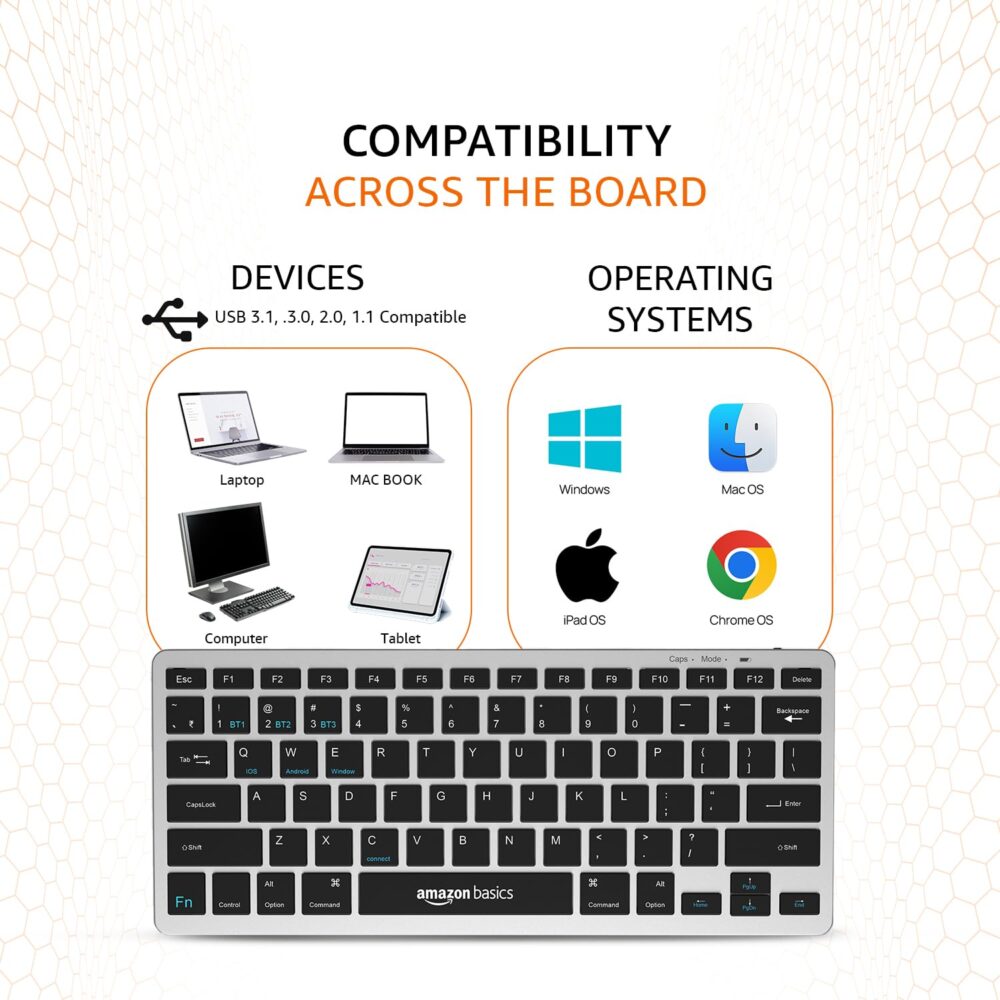 amazon basics Wireless Bluetooth Keyboard | Easy Switch for Up to 3 Devices | Ideal for Tablets & Mobiles | iOS, Windows, Android Compatible | Type C Port | Noiseless Keys | 78 Keys (Black and Grey) - Image 4