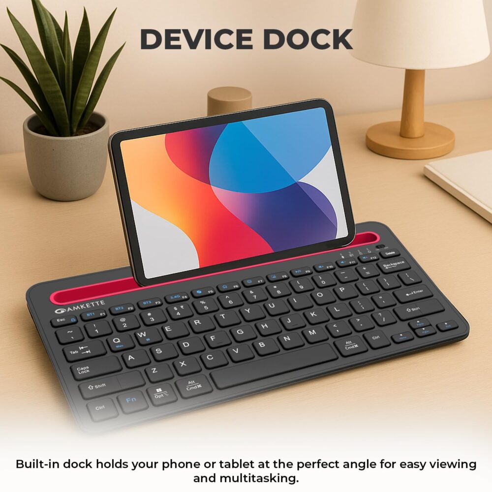Amkette [New & Improved Optimus Pro Multi Device (4in1) Rechargeable Wireless Keyboard/Bluetooth Keyboard | One Click Device Switching & AI Access for MacOS & Windows | Tablet & Phone Holder (Black) - Image 3