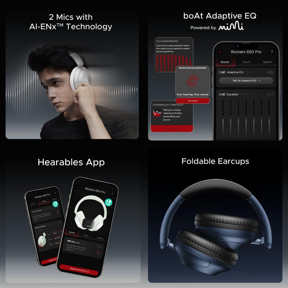 boAt New Launch Rockerz 650 Pro, Touch/Swipe Controls, Dolby Audio, 80Hrs Battery, 2Mics ENx, Fast Charge, App Support, Dual Pair, Bluetooth Over Ear Headphones with Mic (Iris Black) - Image 13