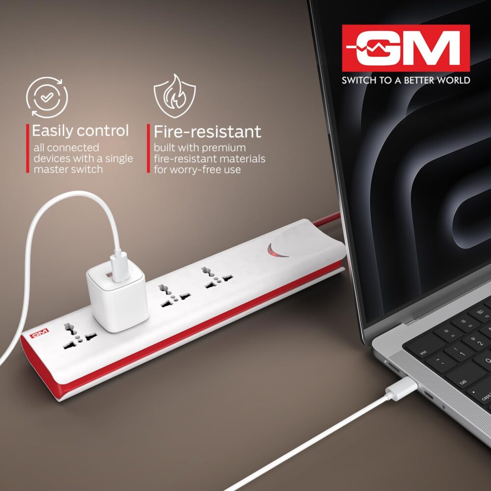 GM 3060 Extension Board 10Amp Output 250 Volts with 2 Mtr Extension Cord & Surge Protector | Master Switch, Safety Shutter, 4 International Sockets | Multi Plug Travel Adapter for Home Appliances - Image 6