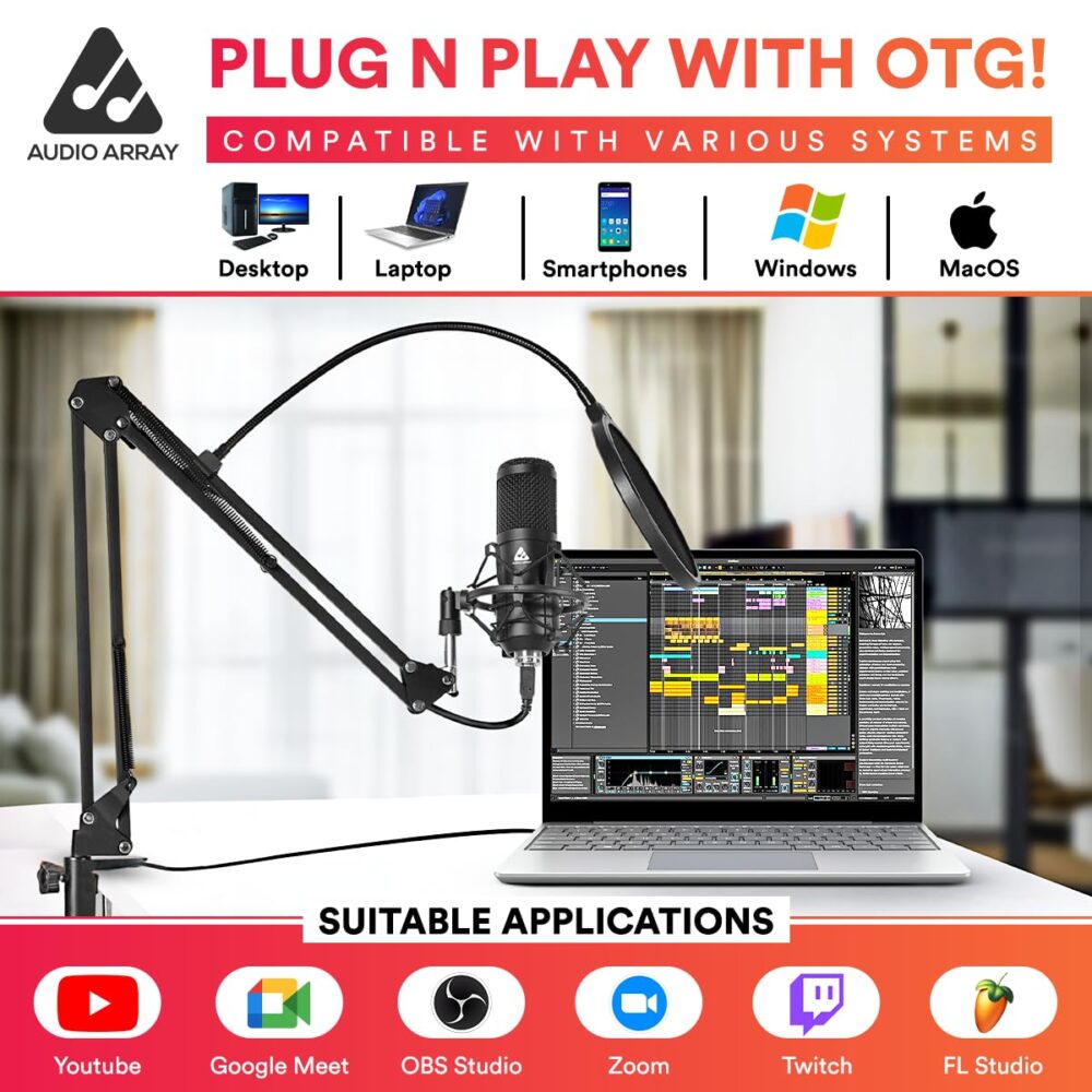 Audio Array AM-C1 USB Condenser Microphone Kit | 192kHz/24bit | BoomArm, Pop Filter, Mic Cover, Shock Mount, Tripod & 2.5M USB Cable | Podcasting, Gaming, Singing & Live Streaming - Image 8