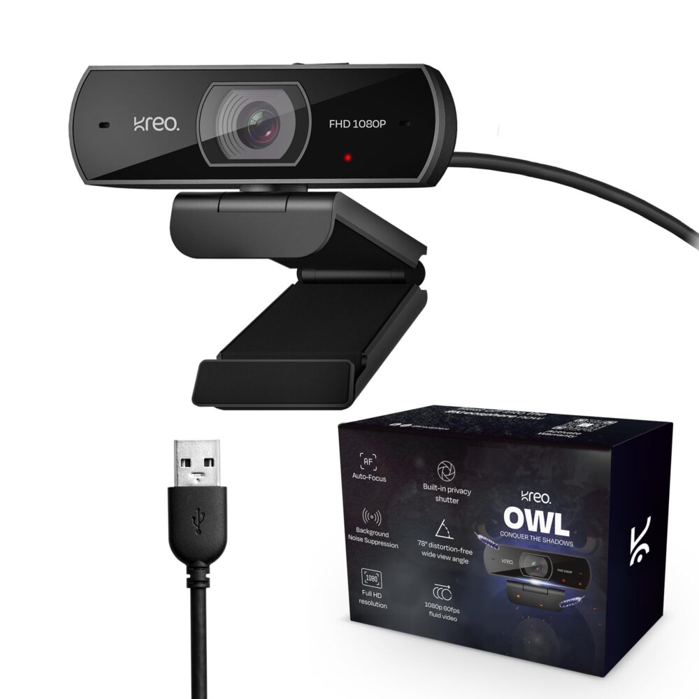 Kreo Owl Full HD 1080P 60 FPS Webcam with Auto-Focus and Built-in Dual Digital Mic, Plug and Play Setup for Video Call, Streaming, YouTube Built-in Privacy Shutter with 360 Rotation (Owl Full HD)