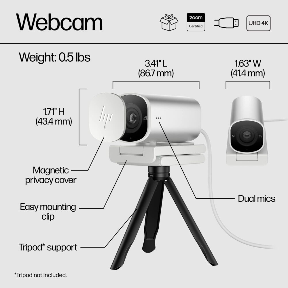 HP 960 4K Streaming Webcam, 4K 30fps or 1080p 60fps, STARMIS CMOS Sensor, 8MP, 100 deg Diagonal Field of View, autofocus, Dual mic, Universal mounting Clip, Tripod Mount, 360 deg Swivel, 90 deg tilt - Image 2