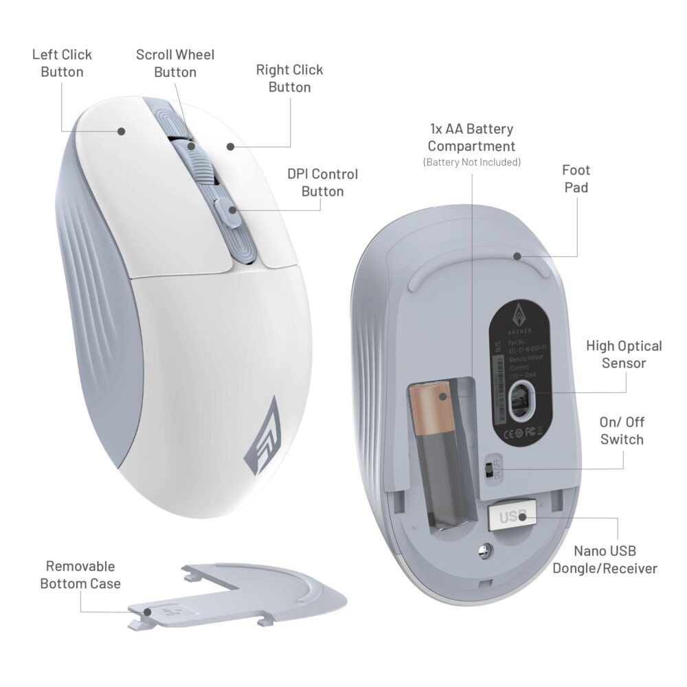 Archer Tech Lab Wireless Mouse, 2.4GHz USB Nano Receiver,3 DPI (800/1200/1600), Ergonomic Lightweight Design 55g, 10M Range, Plug & Play,2 Million Clicks, for Windows PC/Laptop (Precision 100-White) - Image 3