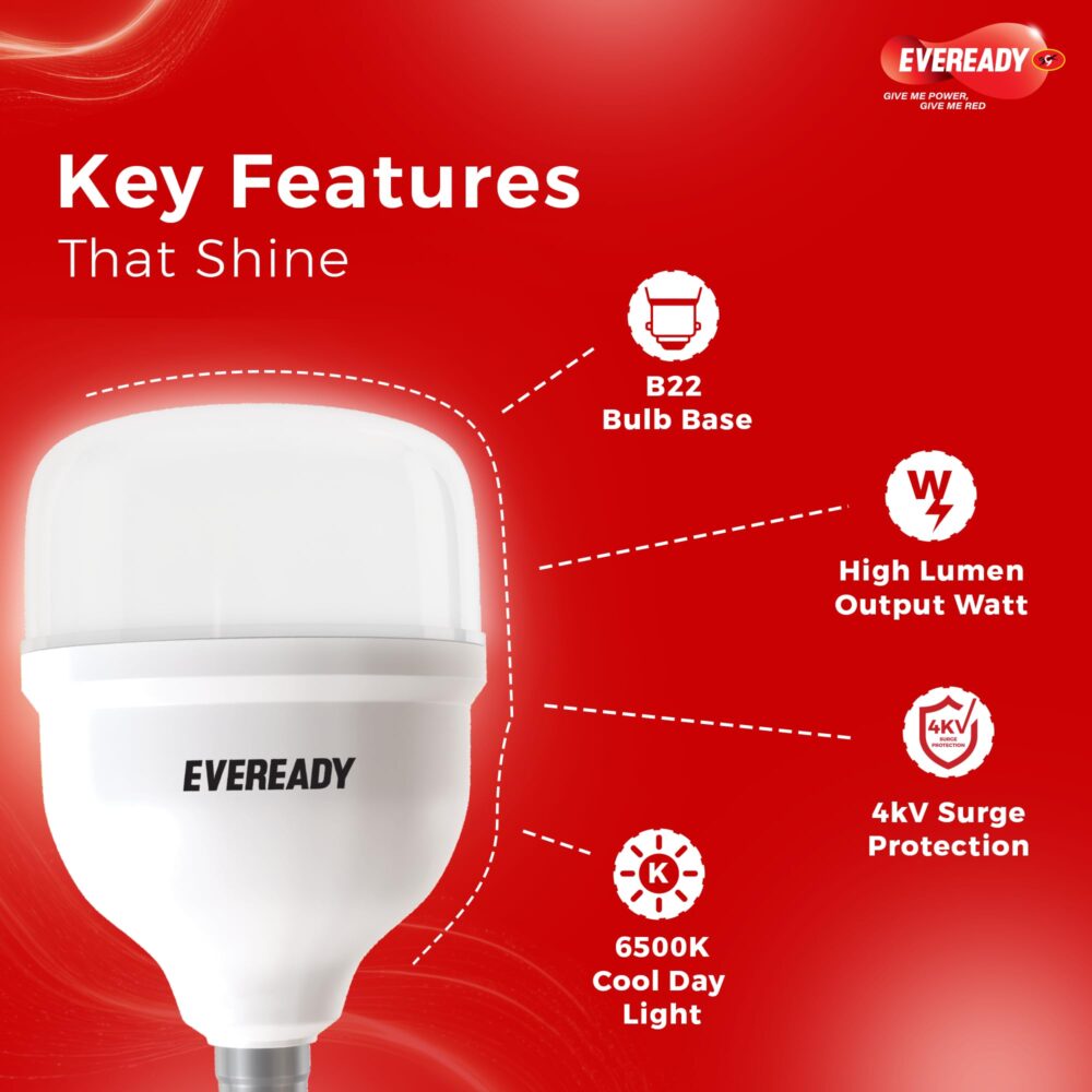 Eveready 30W LED Hammer Bulb with B22 Base, High CRI, 4KV Surge Protection, Energy Efficient & Long Life – Cool Daylight (6500K) for Home & Commercial Use - Image 4