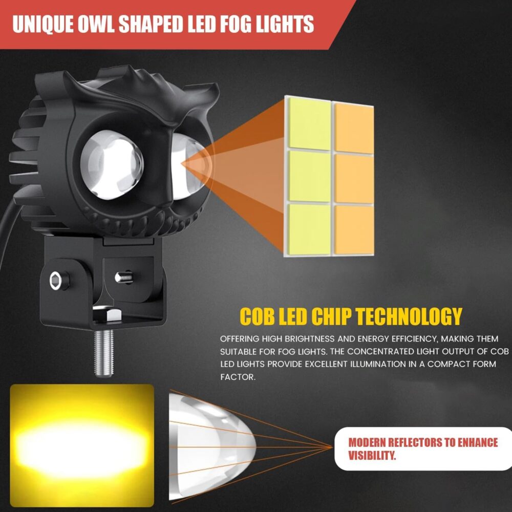 Pivalo PV4LED1 20W Owl Shape 12-85V Metal Body Fog Light Super Bright Spot Flood Beam Driving Lamp with Handlebar Switch for Motorcycle Cars Bikes & SUV (White Light, Pack of 1) - Image 4