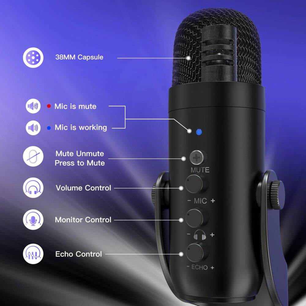zealsound USB Microphone, Condenser Computer Mic, Plug & Play Gaming Microphone for Phone/PS4/PS5, Headphone Output, Volume Control, Mic Gain Control, Mute Button, YouTube Podcasting on Windows(Black) - Image 6